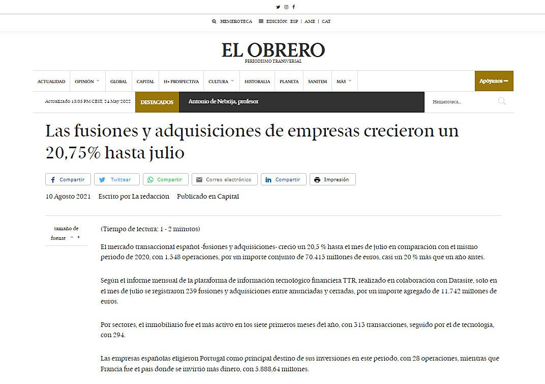 Las fusiones y adquisiciones de empresas crecieron un 20,75% hasta julio